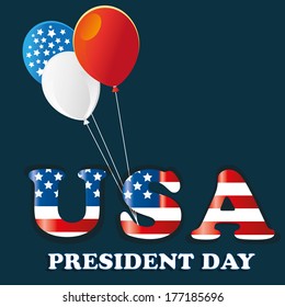 some text with the american flag and balloons for president's day