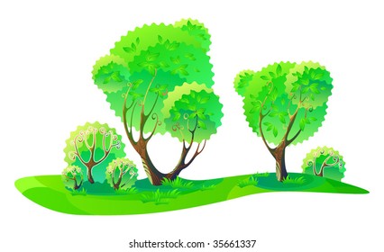 Some trees and bushes in green summer colors.
