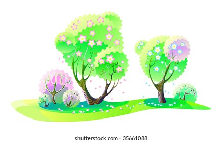 Some trees and bushes in light green spring colors.