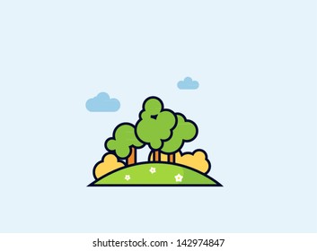 some trees on a green hill