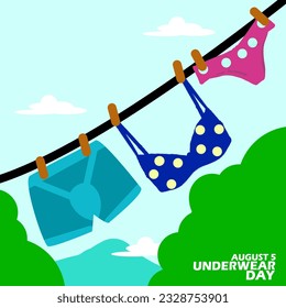 Some underwear hung on a line outside the neighborhood, with bold text to celebrate National Underwear Day on August 5