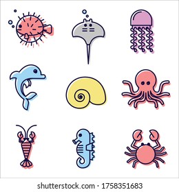 Some various vector flat design of colorful cute sea animals.