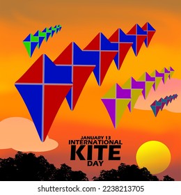 Some very long kites are flying over a tree-lined field at sunset with bold text to celebrate International Kite Day on January 14