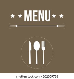 some white silhouettes of utensils and some text with stars for menu design