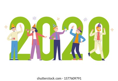 some workers celebrate the turn of the new year, year-end party activities for team workers and friends who celebrate by drinking, trumpeting and fireworks, the concept of the new year party
