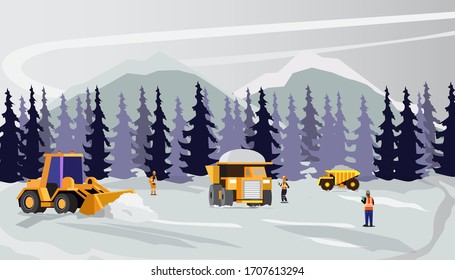 Some workers and heavy equipment are working in the thick snow