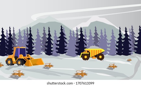 Some workers and heavy equipment are working in the thick snow