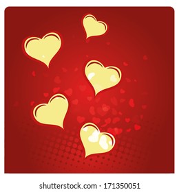 some yellow hearts in a red background