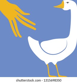 Somebody try to touch the goose but it dislike it. Simple cartoon illustration for book, magazine, postcard or application for children.