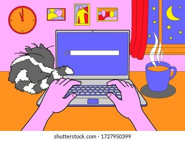 Somebody using the computer at home. Human hands on a keyboard. Searching online. Home, person, table, cup, cat
