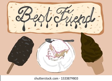 Someday sweets are best friend sometimes. There are pop cookies chocolate ice cream stick, a piece of strawberry butter cream cake, chocolate dip ice cream cone, melted chocolate on bread, etc.