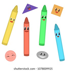 Someone asked me to draw retro happy crayons, so here is a set of 8 very bright primary colored crayons and shapes with anime faces on them for kids.  Transparent background in vector file.