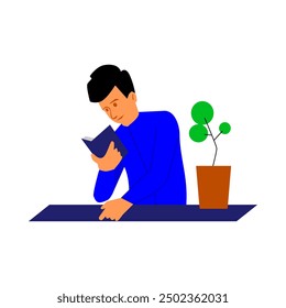 someone in blue is reading a book.
book lover. library. indoor. vector. simple design. flat design. illustration. hobby. holiday. Relax. refreshing. me time. Study. worship. novel. comic