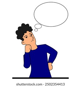 someone in blue is thinking. someone is imagining. someone is dreaming. someone is looking for ideas. vector. simple design. flat design. illustration. cartoon style