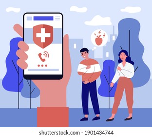 Someone calling emergency for guy with heart attack. Smartphone, hand, health flat vector illustration. Medicine and cardiology concept for banner, website design or landing web page