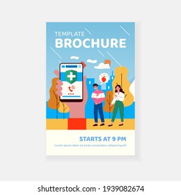 Someone calling emergency for guy with heart attack. Smartphone, hand, health flat vector illustration. Medicine and cardiology concept for banner, website design or landing web page