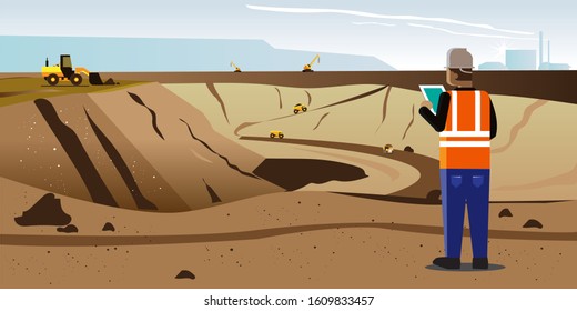 Someone is checking the activities of a rock and oil mining site. visible mountains and clear blue sky, and a large hole mining results