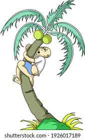 someone is climbing a coconut tree to take the fruit