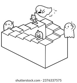 someone climbs an unreal staircase and is chased by a ghost