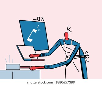 Someone Cooking with call on screen and his laptop. Multitask cooking with digital media. Flat design and bold line.