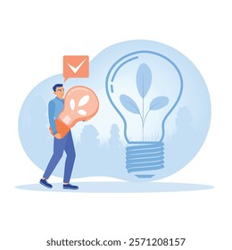 Someone with an eco-friendly lamp. Symbolizes green technology, innovation, and environmental sustainability. Sustainability concept. Flat vector illustration.