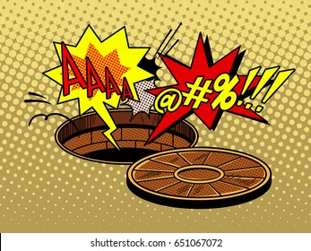 Someone fell into the open hatch pop art style vector illustration. Comic book style imitation.