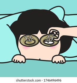 Someone Finger Making Strength To Open A Soda Can Tap On Sleepy Girl' Left Eyes Concept Card Character illustration