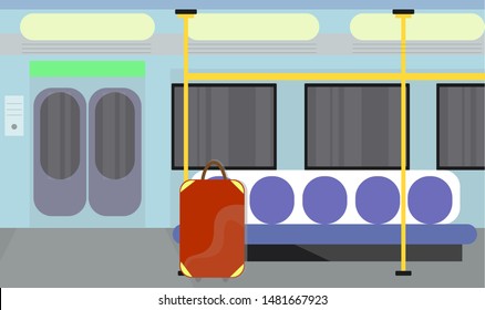 Someone forgot a suitcase in an empty subway car. Lonely suitcase in the subway. Color picture metro, vector graphics.