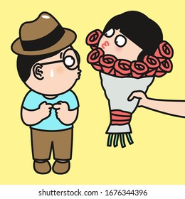 Someone Hand Gives A Girl's Head With Red Roses Bouquet To The Boy. Couple On Valentine Day Concept Card Character illustration