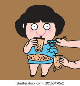 Someone Hand Turning Knob Or Opening Tap On Big Tummy Of Chubby Girl And Pouring Bubble Milk Tea Into Glass Concept Card Character illustration