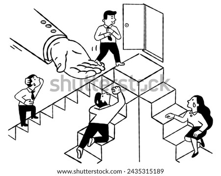 Someone has more opportunities or advantage than other people to reach the goal or success. Outline, thin line art, hand drawn sketch design, ink style.  