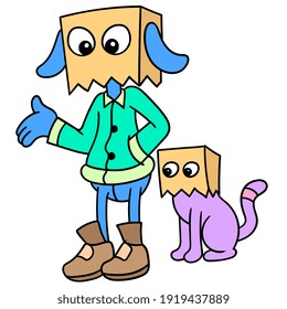 someone with his pet wearing a cardboard box on his head, doodle draw kawaii. vector illustration art