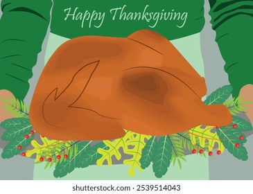 someone hold thanksgiving cooked turkey decorated with vegetables in her or his hand.