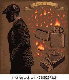 Someone and a lighter. Editable hand drawn illustration. Vector vintage engraving. 8 EPS