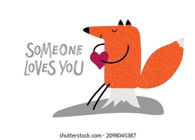 Someone loves you text, Cartoon fox siting on stump and holding heart. Vector hand drawn illustration on white background. Valentines day card with cartoon character. Cute fox isolated