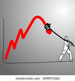 someone making graph falling down with rope vector illustration doodle sketch hand drawn with black lines isolated on gray background. Business concept. 