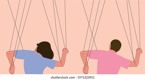 Someone manipulates and abuses a couple. Toxic relationships. Flat vector illustration. Manipulations. Marionette