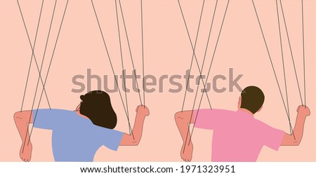Someone manipulates and abuses a couple. Toxic relationships. Flat vector illustration. Manipulations. Marionette