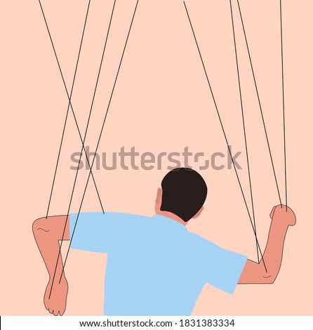 Someone manipulates and abuses a man. Toxic relationships, flat vector illustration 