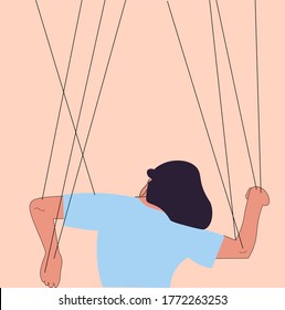 Someone manipulates and abuses a woman. Toxic relationships. Flat vector illustration. Manipulations. Marionette