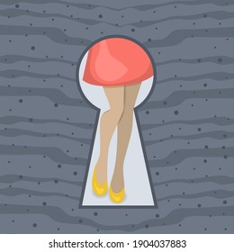 Someone peeping through keyhole. Women legs in jeans and fashionable high heel shoes. Vector illustration.
