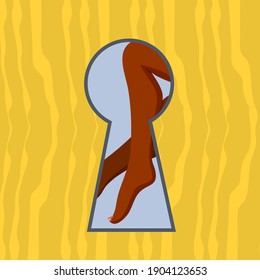 Someone peeping through keyhole. Women legs. Vector illustration.