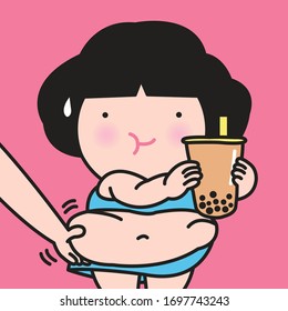 Someone Pinching Overweight Woman Fat Tummy While She Holding A Cup Of Bubble Milk Tea Isolated On Pink Background Concept Card Character illustration