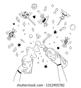 Someone is pouring some liquid from bottle to a glass. Sweets and lollipops. Black and white illustration for coloring book. Vector outline illustration.