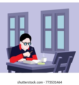 someone is reading a book while smoking illustration vector design