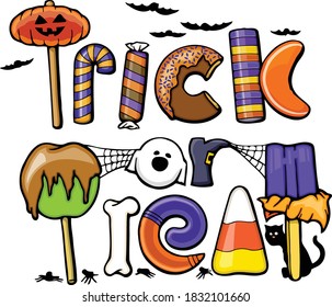 Someone really made out like a bandit with all this halloween candy.  This design features the words trick or treat composed of various candy including suckers, caramel apples, and gummy worms.  svg
