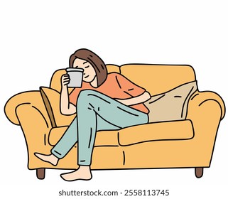 SOMEONE IS RELAXING ON A SOFA CHAIR WHILE DRINKING COFFEE. COOL AND UNIQUE ILLUSTRATIONS SUITABLE FOR YOUR NEEDS. VECTOR FILES