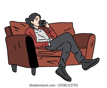 SOMEONE IS RELAXING ON A SOFA CHAIR WHILE DRINKING COFFEE. COOL AND UNIQUE ILLUSTRATIONS SUITABLE FOR YOUR NEEDS. VECTOR FILES