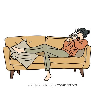 SOMEONE IS RELAXING ON A SOFA CHAIR WHILE DRINKING COFFEE. COOL AND UNIQUE ILLUSTRATIONS SUITABLE FOR YOUR NEEDS. VECTOR FILES