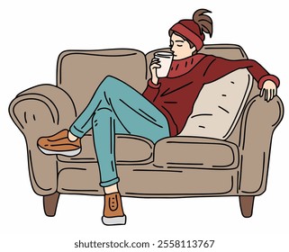 SOMEONE IS RELAXING ON A SOFA CHAIR WHILE DRINKING COFFEE. COOL AND UNIQUE ILLUSTRATIONS SUITABLE FOR YOUR NEEDS. VECTOR FILES